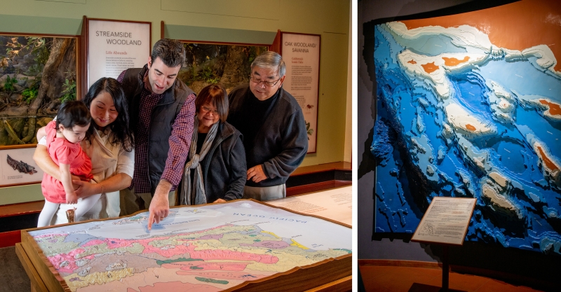 Two images side by side. The one on the left shows a family looking down at a bumpy, colorful relief map of the Central Coast, running east to west. The image to the right shows a giant relief map of the Santa Barbara Channel, the size of a wall. Looking at that map, it's easy to see how the northern channel islands would be connected during the low sea levels of the most recent ice age.