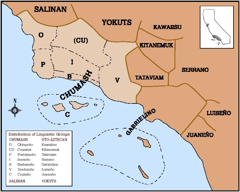 Map showing the ethnolinguistic divisions between people of the Central Coast, including different Chumash groups and the peoples with territories to the north, east, and south.