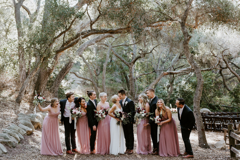 a joyful wedding party in formal dress under an arching canopy of old oak trees